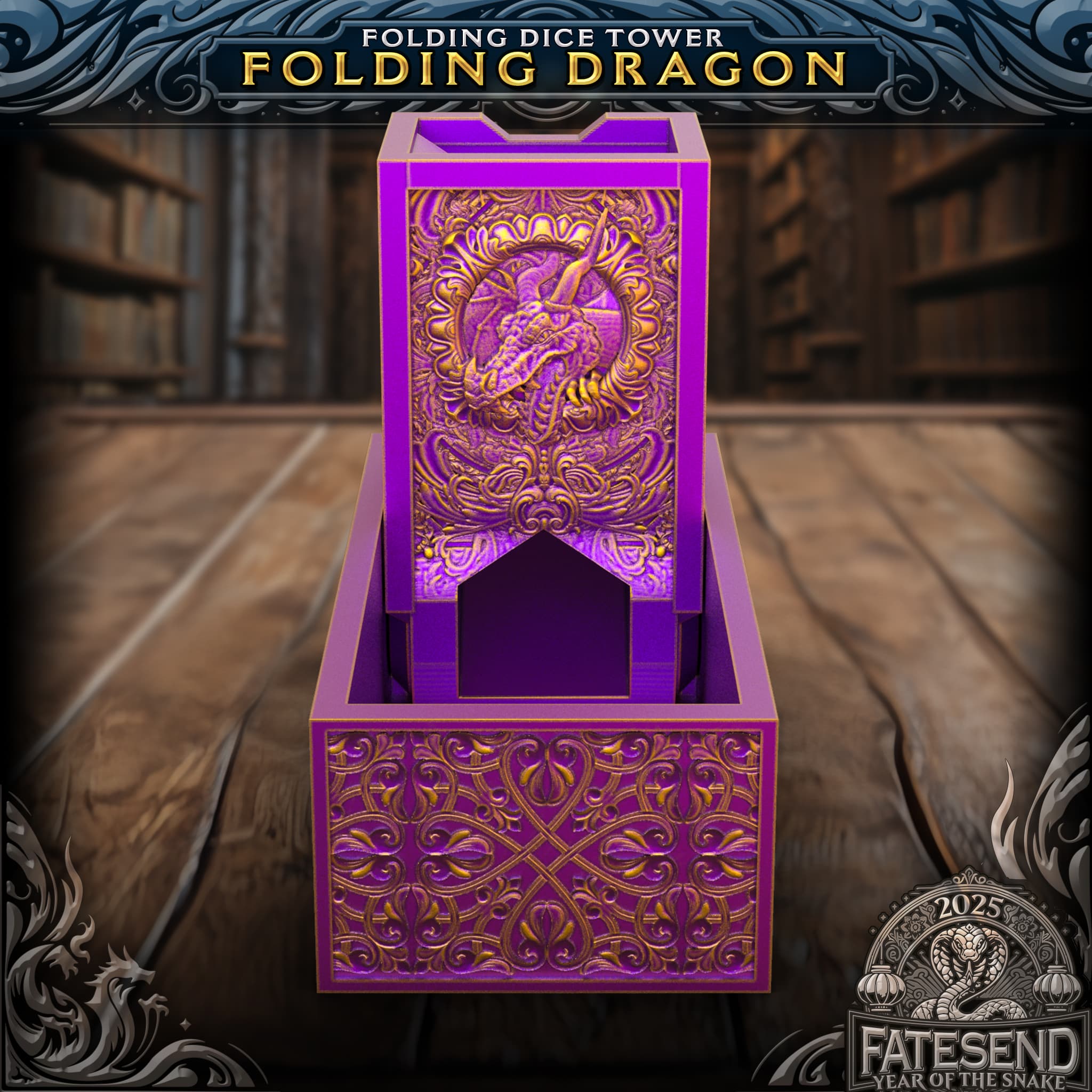 Folding Dragon Dice Tower — purple and gold with dragon relief